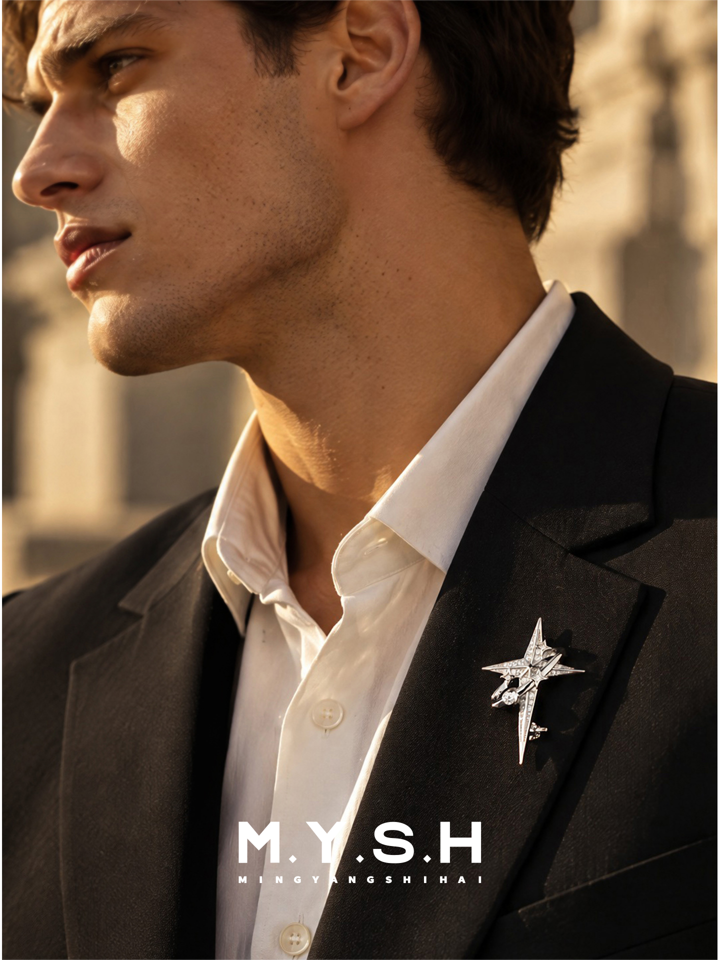 S925 Silver Cross Star Brooch for Men