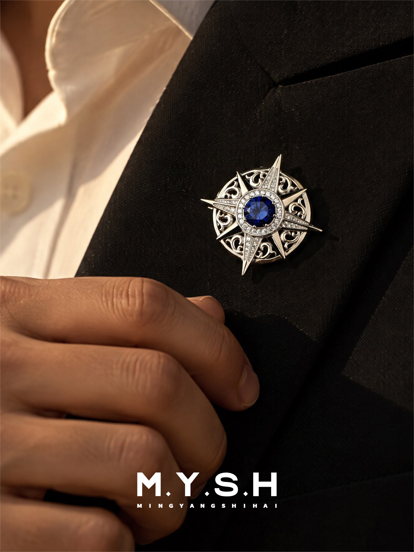 S925 Silver Lab-Grown Sapphire Eight-Point Star Brooch