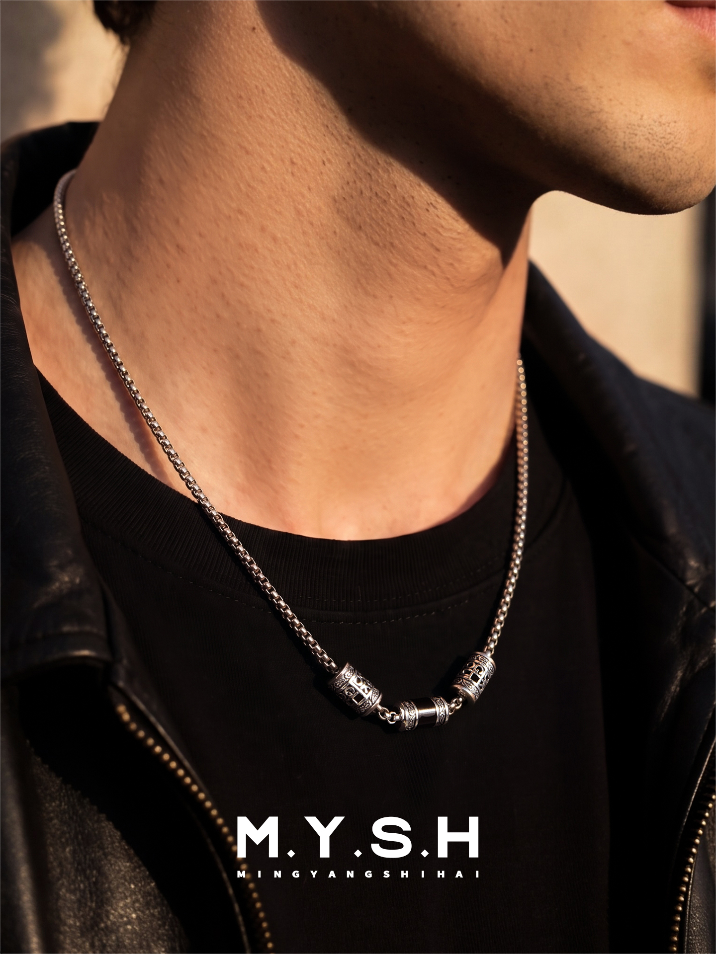 S925 Silver “GOOD LUCK” Three-Bead Necklace for Men