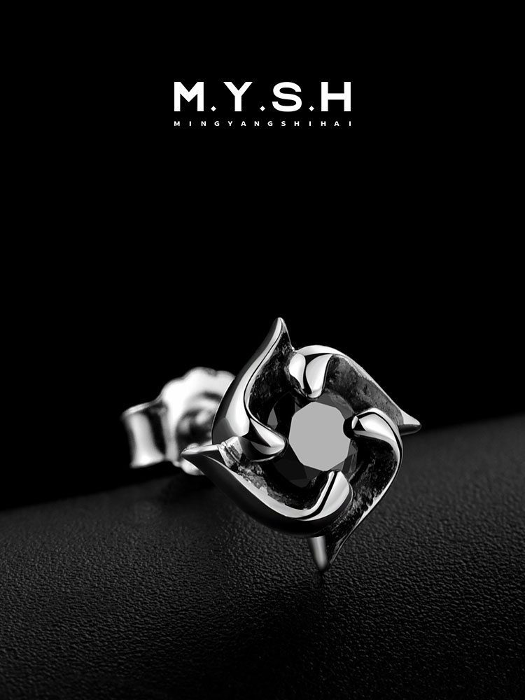 S925 Silver Black Gem Clover Stud Earrings