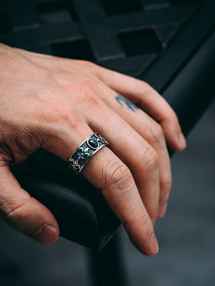 S925 Silver Black Onyx Fleur-de-Lis Wide Band Ring
