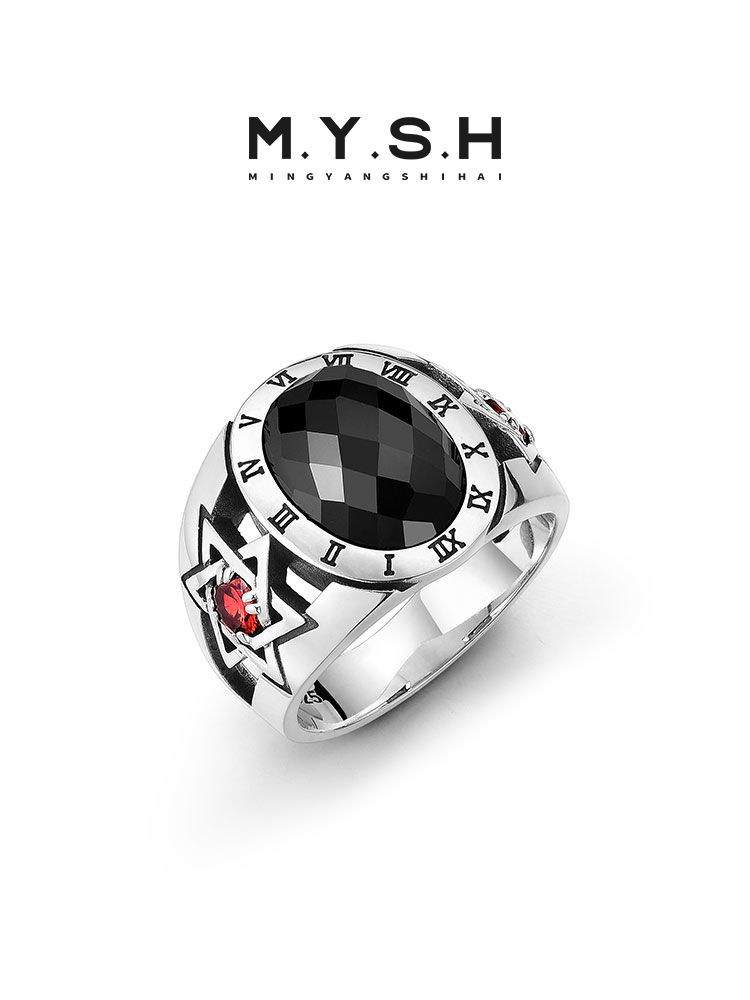 S925 Silver Roman Numeral Star of David Black Gem Ring