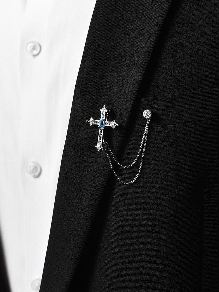 S925 Silver Blue Topaz Cross Chain Lapel Pin
