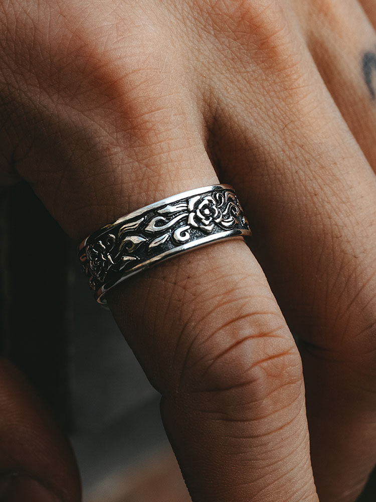 S925 Silver Vintage Rose Open Band Ring