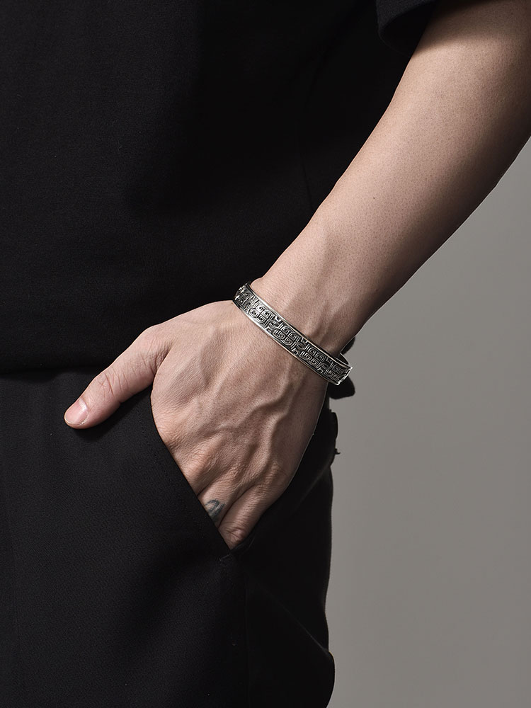 S925 Silver Vintage Greek Key Bangle Bracelet for Men