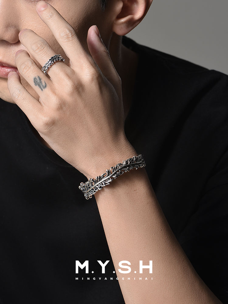 S925 Silver Vine Feather Cuff Bracelet for Men