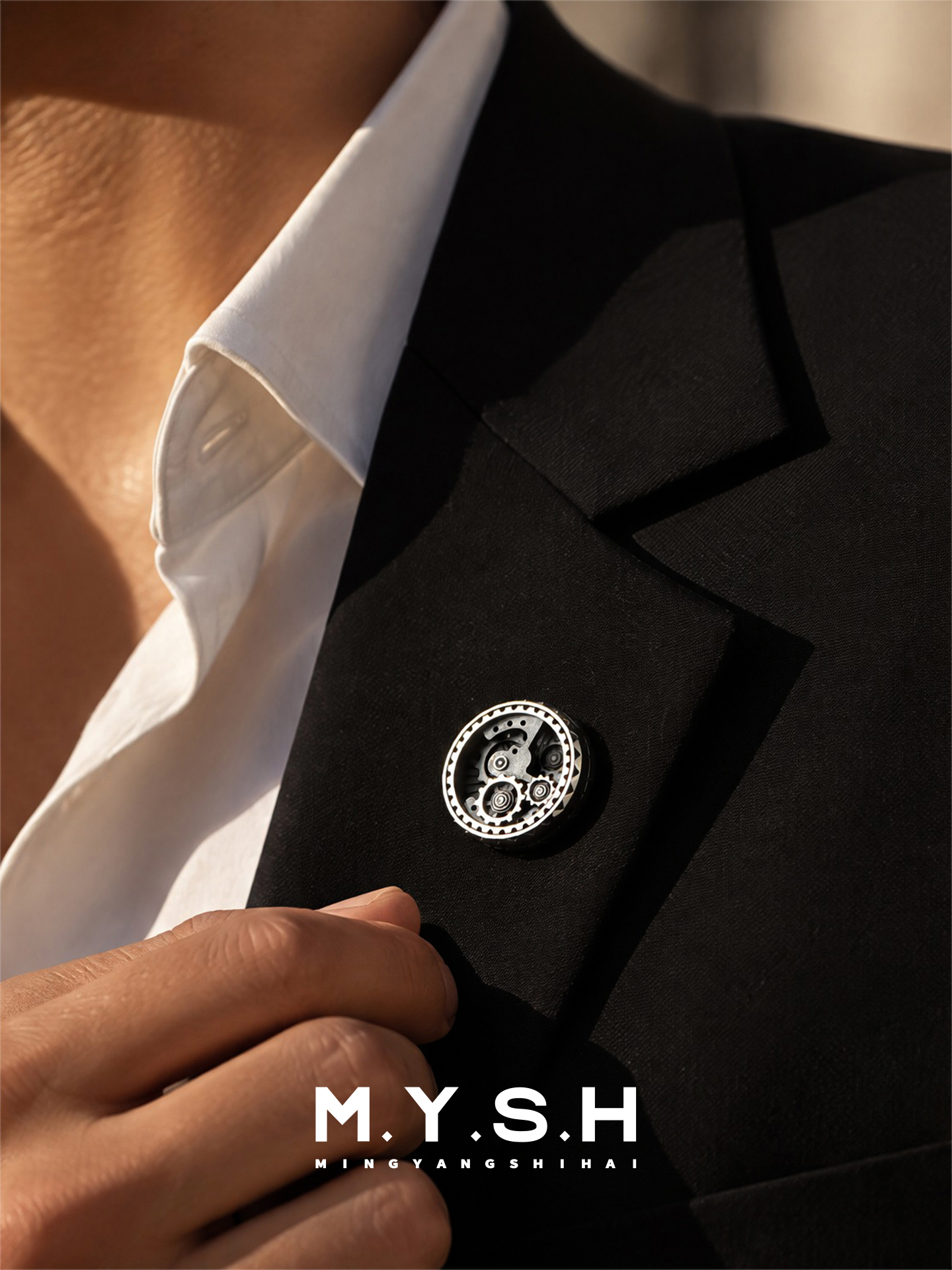 S925 Silver Gear Movement Brooch for Men