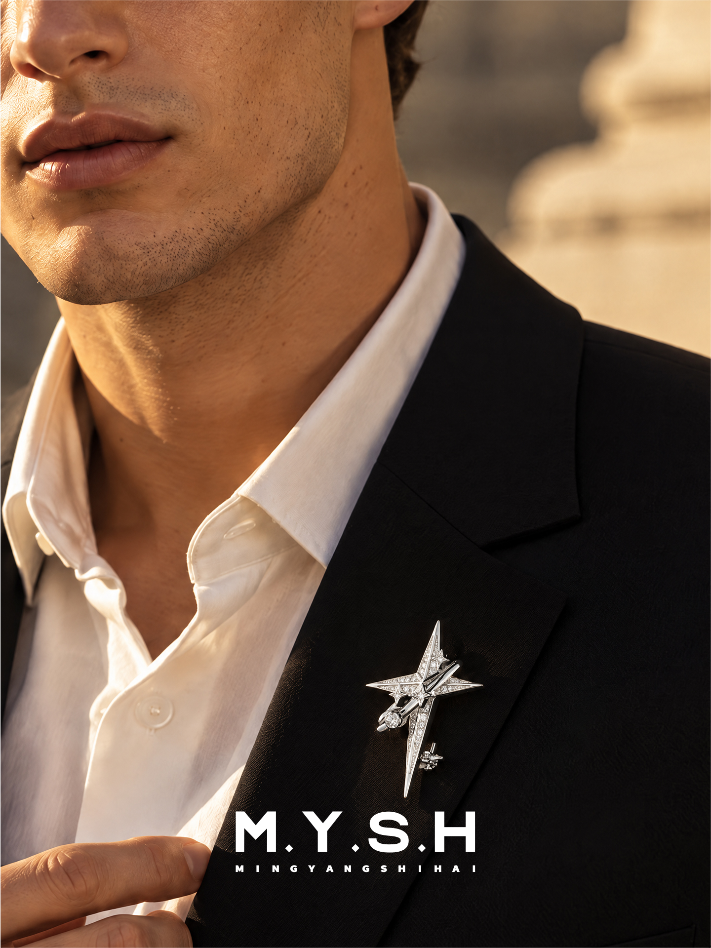 S925 Silver Cross Star Brooch for Men