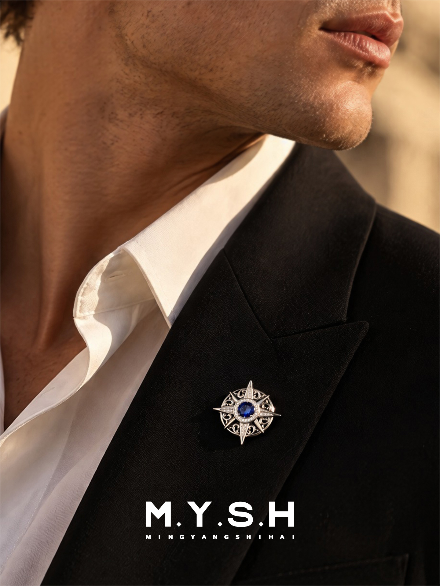 S925 Silver Lab-Grown Sapphire Eight-Point Star Brooch