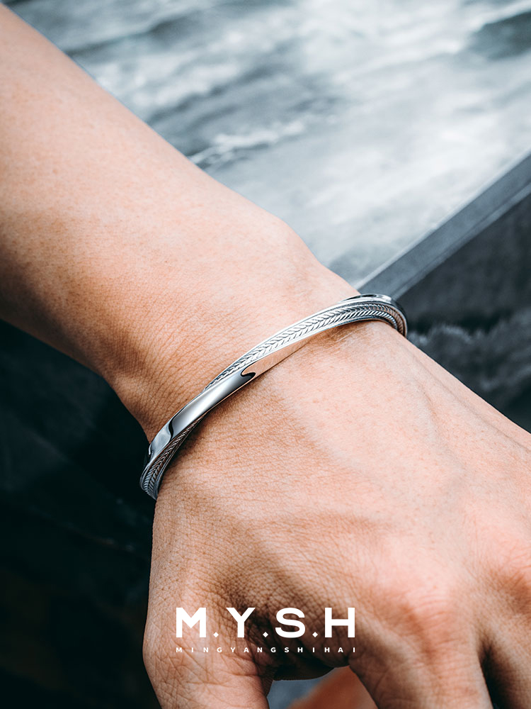 S925 Silver Wheat Möbius Open Cuff Bracelet