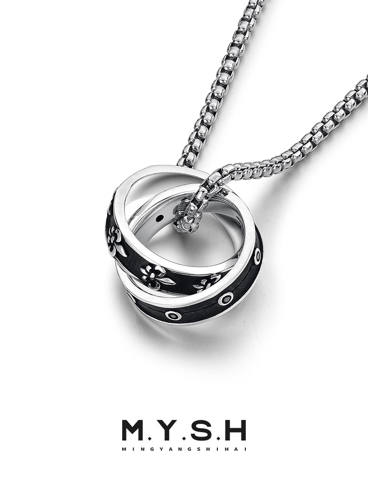 S925 Silver Fleur-de-Lis Double Ring Pendant Necklace