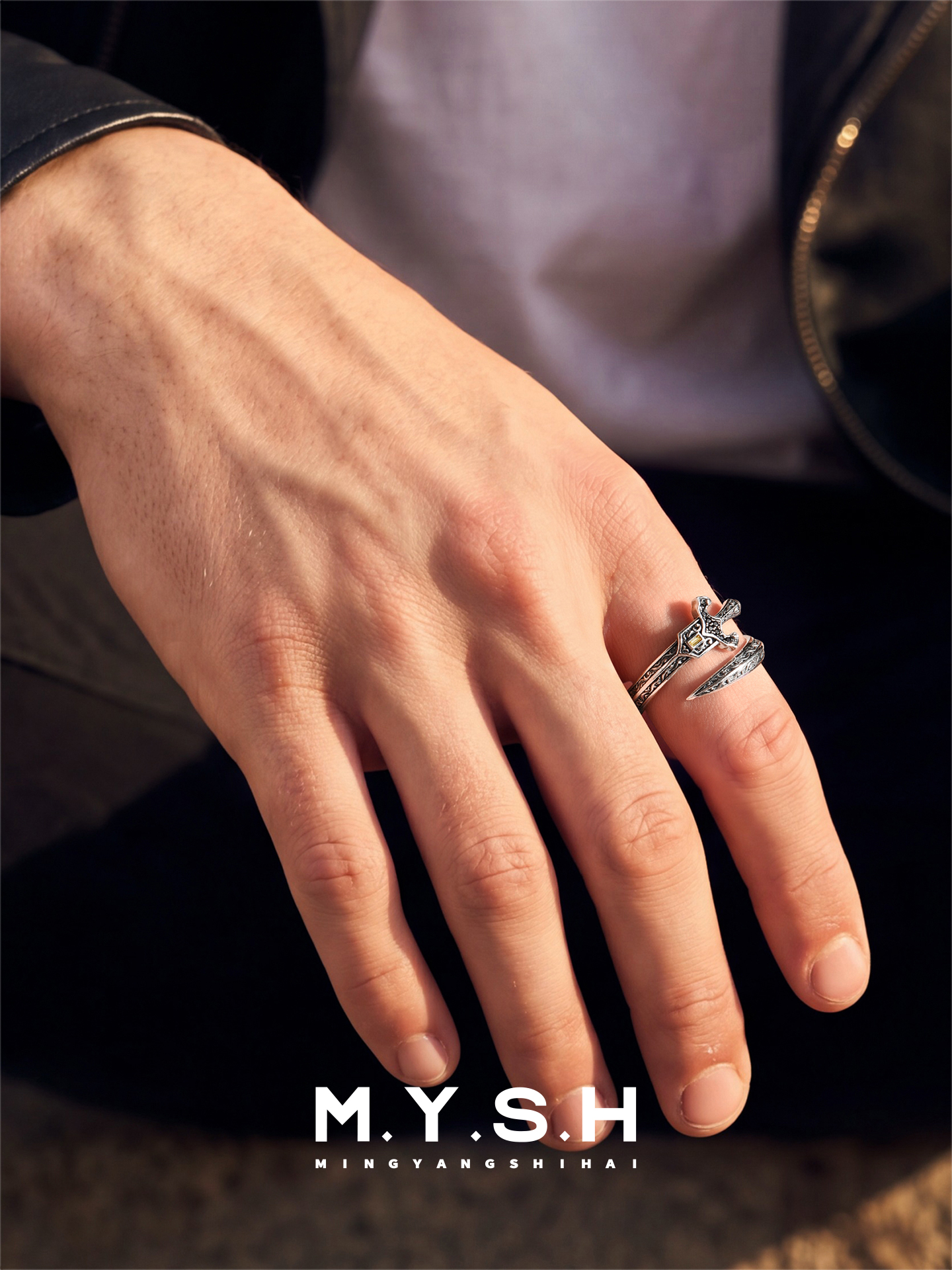 S925 Silver Knight Sword Open Ring for Men