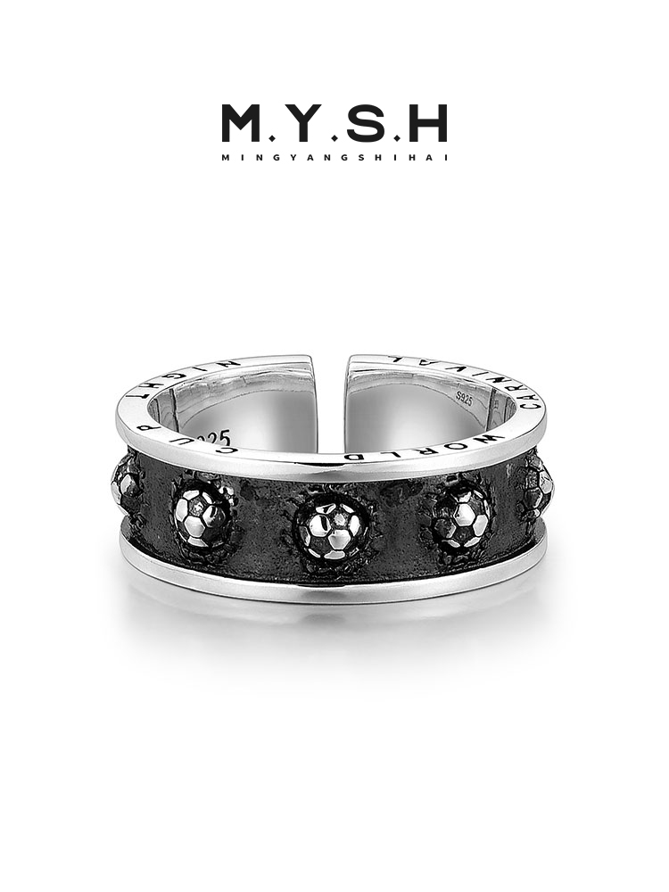 S925 Silver Soccer Ball Black Inlay Ring
