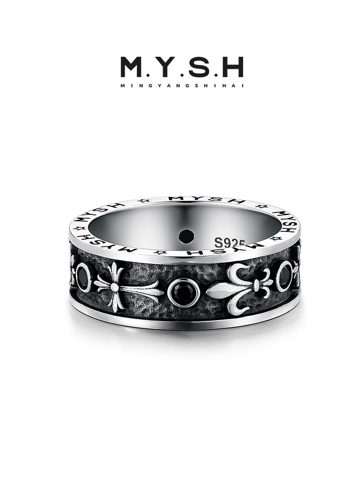 S925 Silver Fleur-de-Lis Black Onyx Wide Band Ring