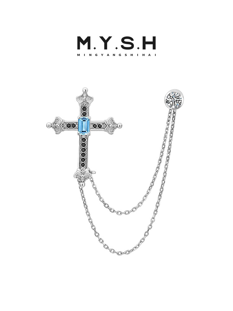 S925 Silver Blue Topaz Cross Chain Lapel Pin