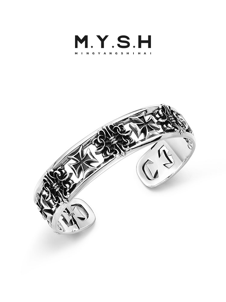 S925 Silver Gothic Cross Cuff Bracelet for Men