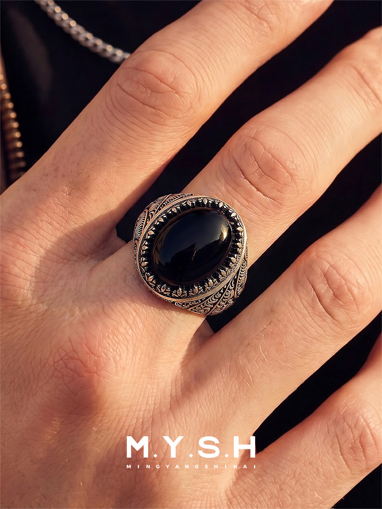 S925 Silver Natural Black Agate Statement Ring