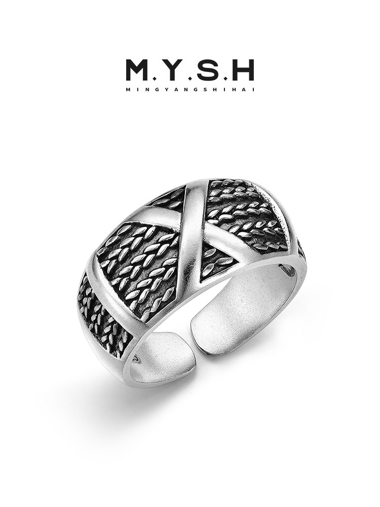 S925 Silver Wide Band Cross Texture Ring