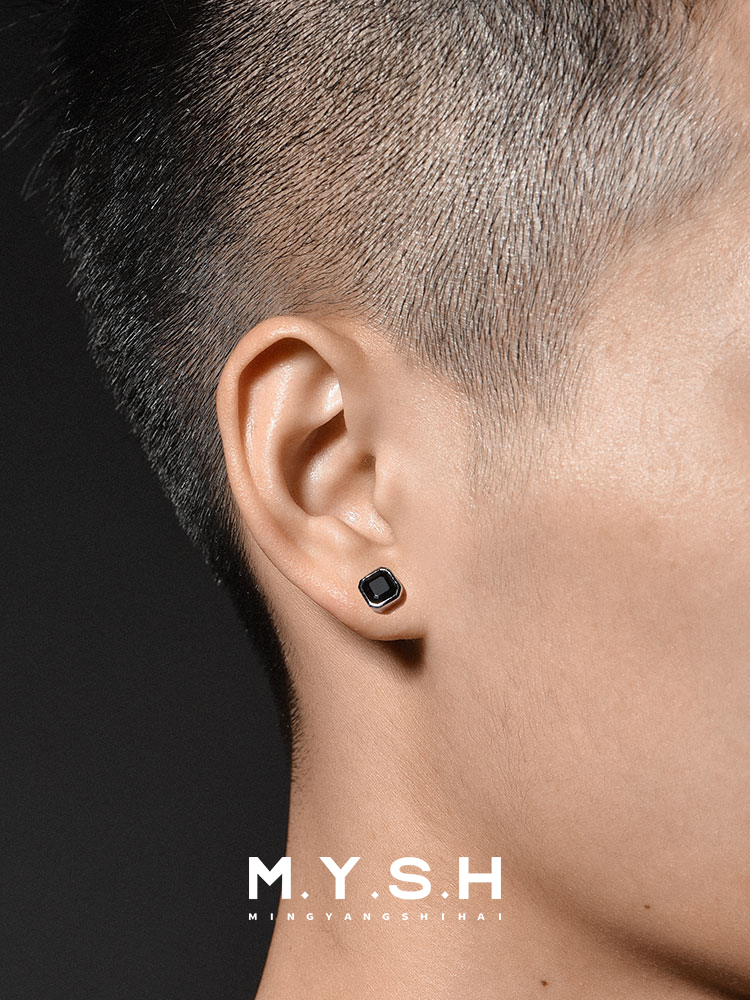 S925 Silver Black Onyx Stud Earrings for Men