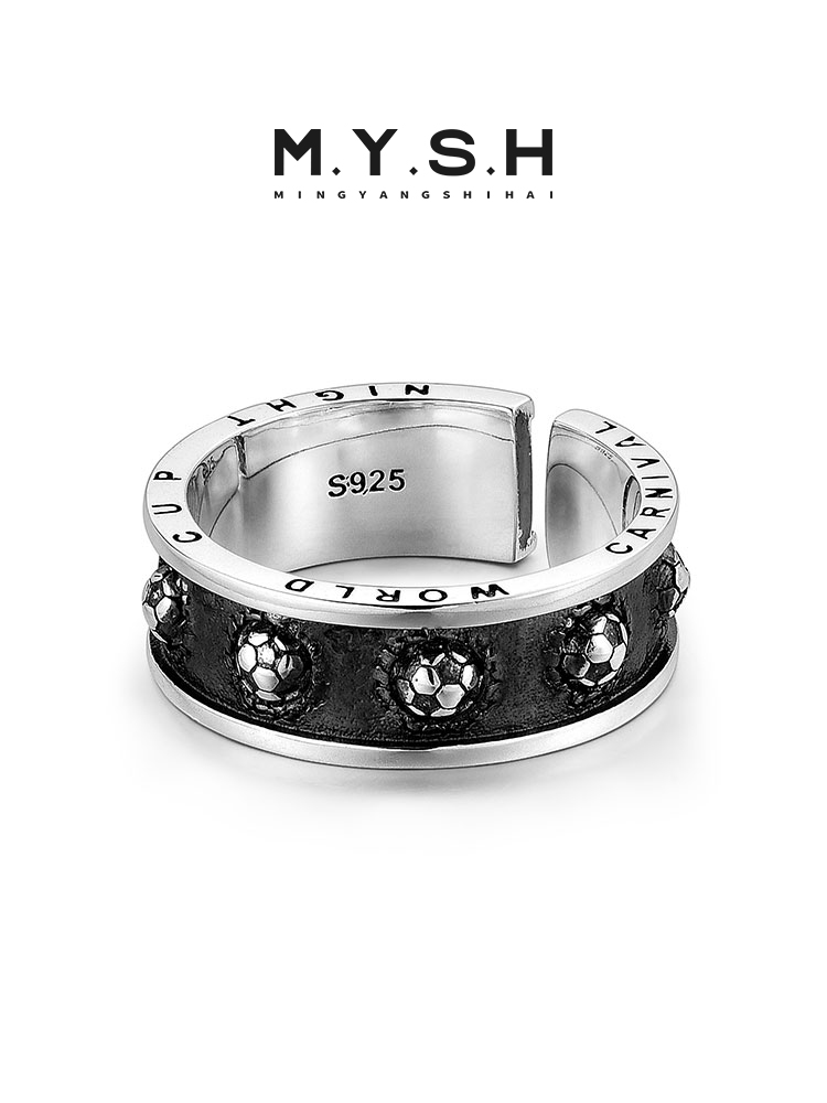 S925 Silver Soccer Ball Black Inlay Ring