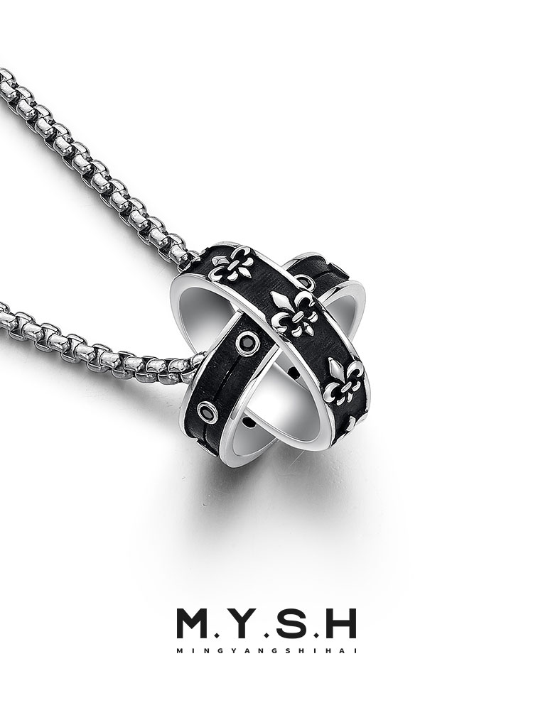 S925 Silver Fleur-de-Lis Double Ring Pendant Necklace