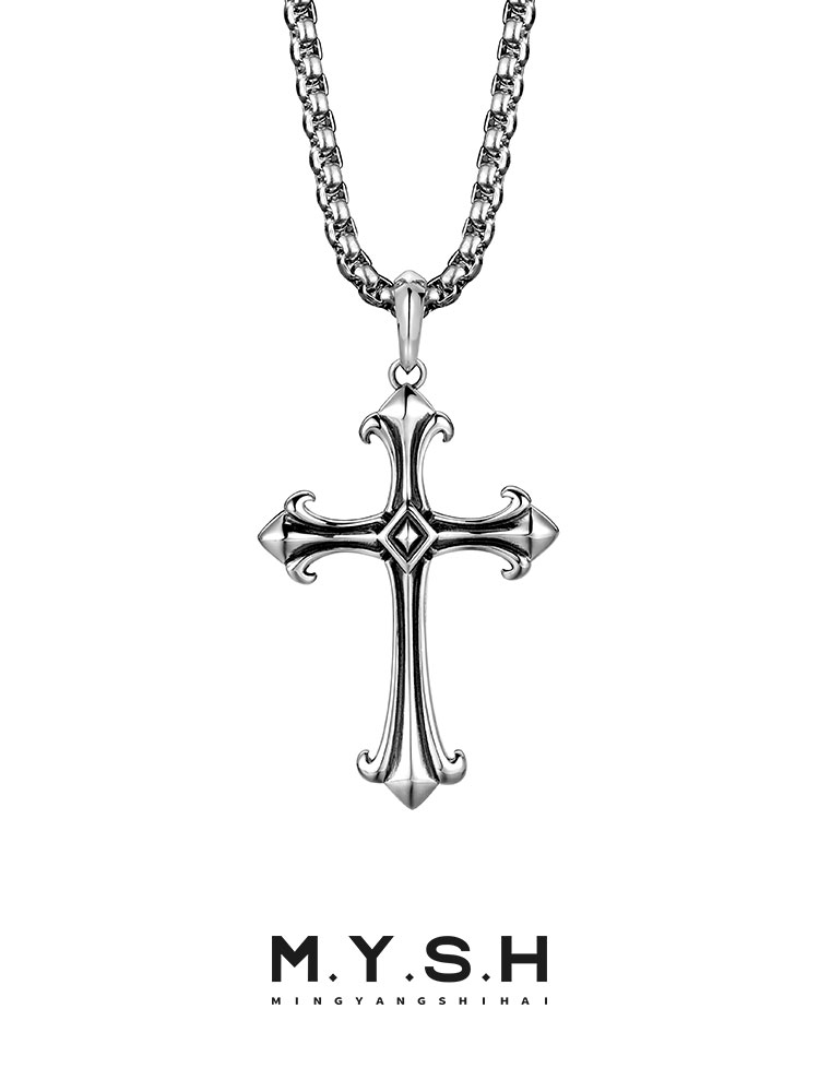 S925 Silver Oxidized Fleur-de-Lis Cross Pendant Necklace