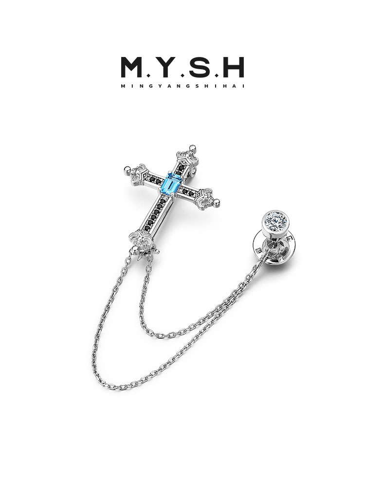 S925 Silver Blue Topaz Cross Chain Lapel Pin