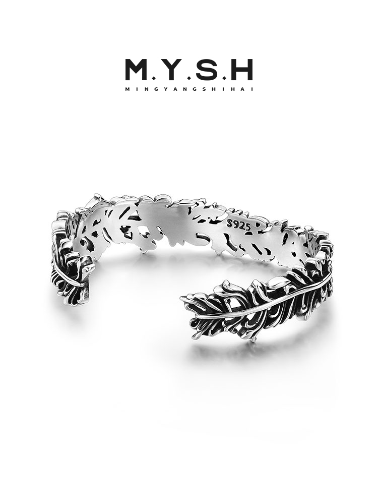 S925 Silver Vine Feather Cuff Bracelet for Men