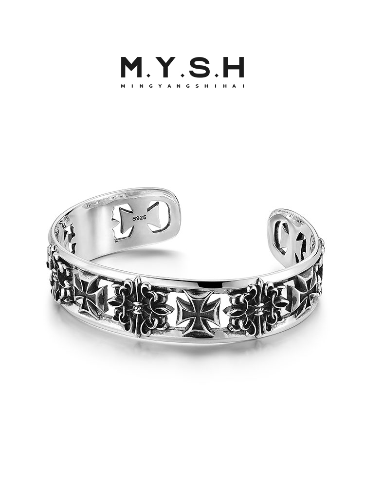 S925 Silver Gothic Cross Cuff Bracelet for Men