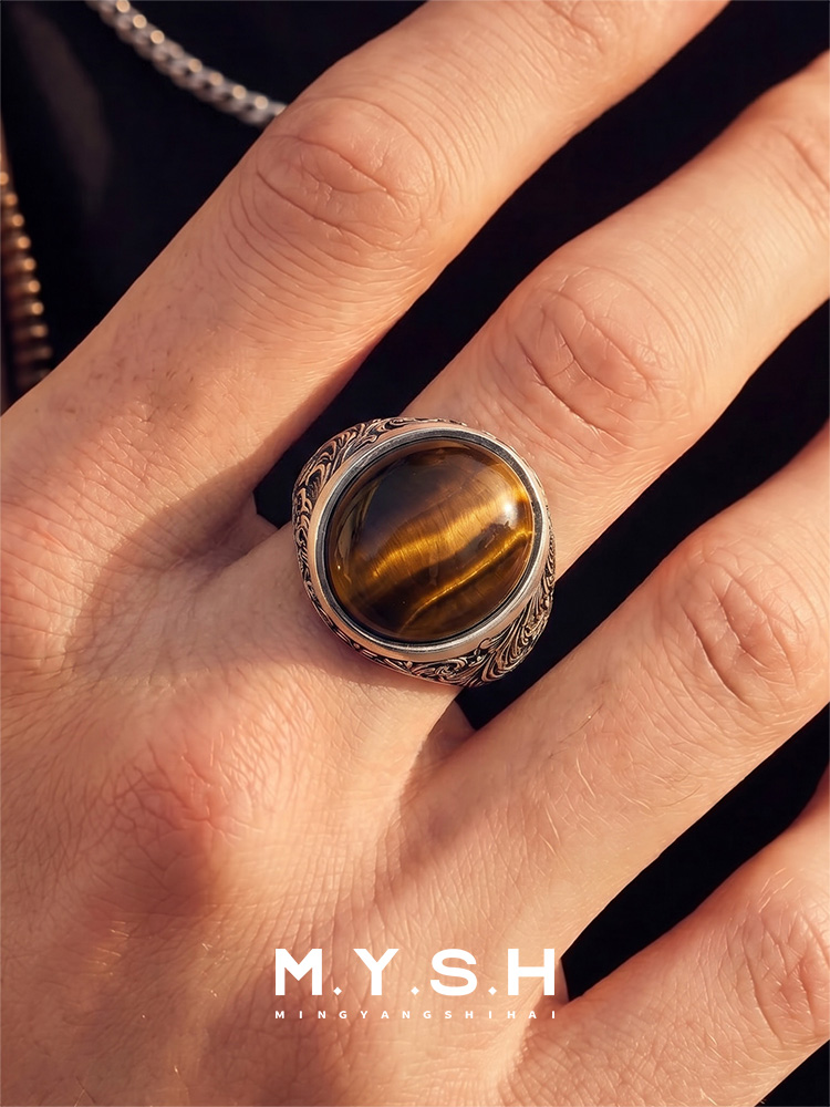 S925 Silver Natural Tiger’s Eye Statement Ring for Men