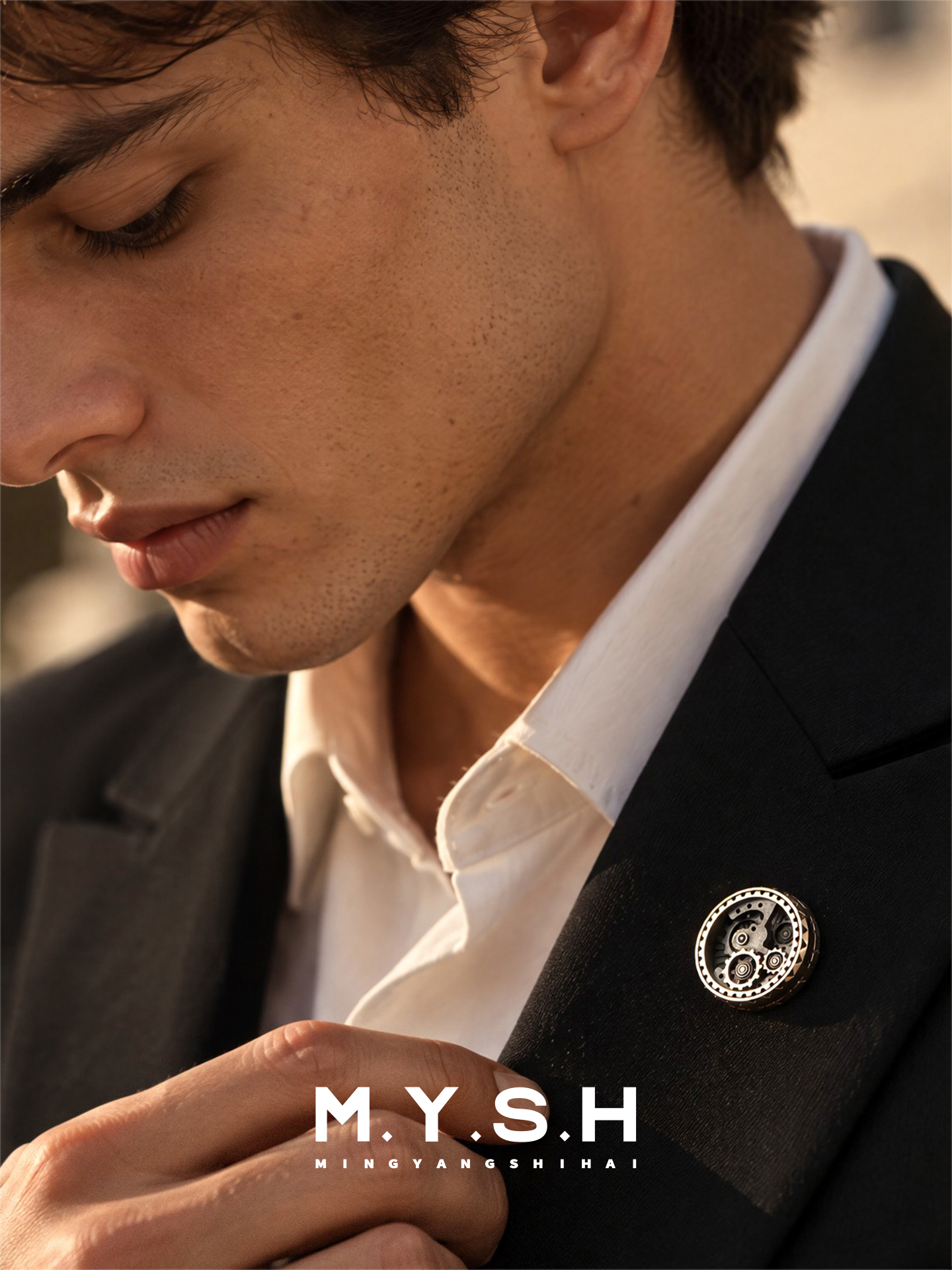 S925 Silver Gear Movement Brooch for Men