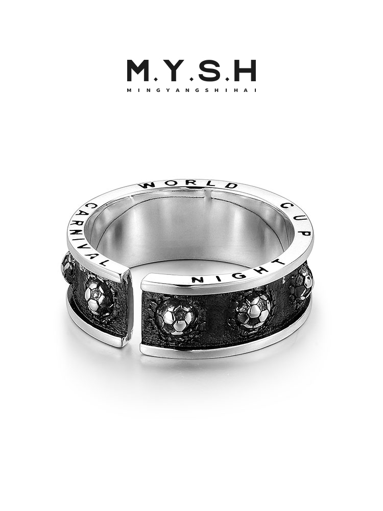 S925 Silver Soccer Ball Black Inlay Ring