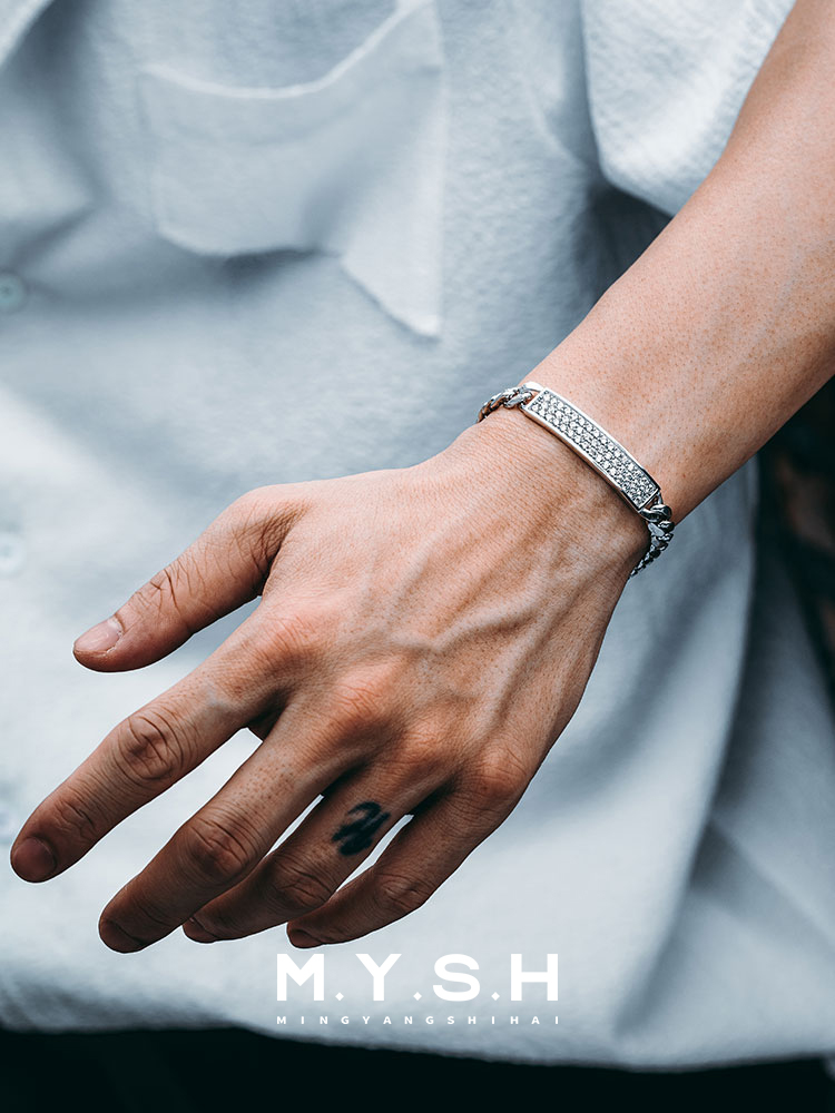 8MM S925 Silver Cuban Link Bracelet with Pavé ID Plate