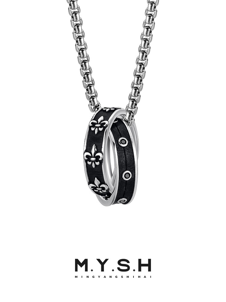 S925 Silver Fleur-de-Lis Double Ring Pendant Necklace