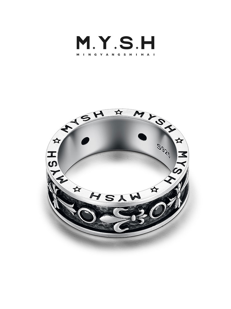 S925 Silver Fleur-de-Lis Black Onyx Wide Band Ring