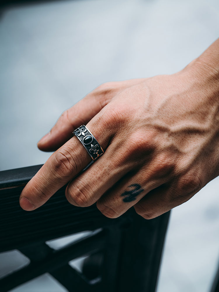 S925 Silver Black Onyx Fleur-de-Lis Wide Band Ring