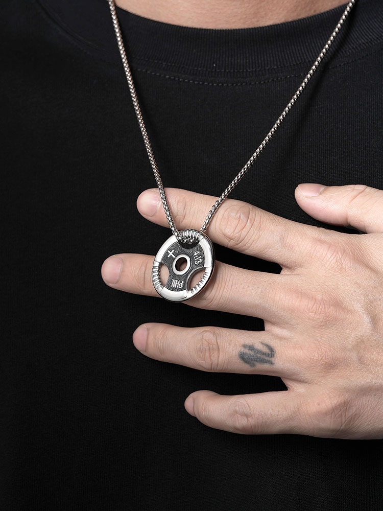 S925 Silver Barbell Plate Faith Pendant Necklace