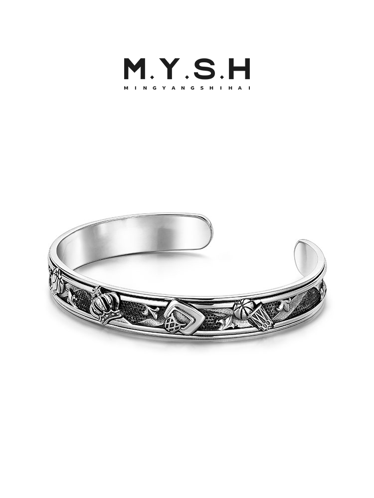 S925 Silver Vintage Engraved Open Cuff Bracelet
