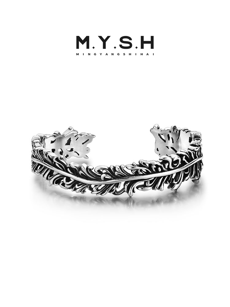 S925 Silver Vine Feather Cuff Bracelet for Men