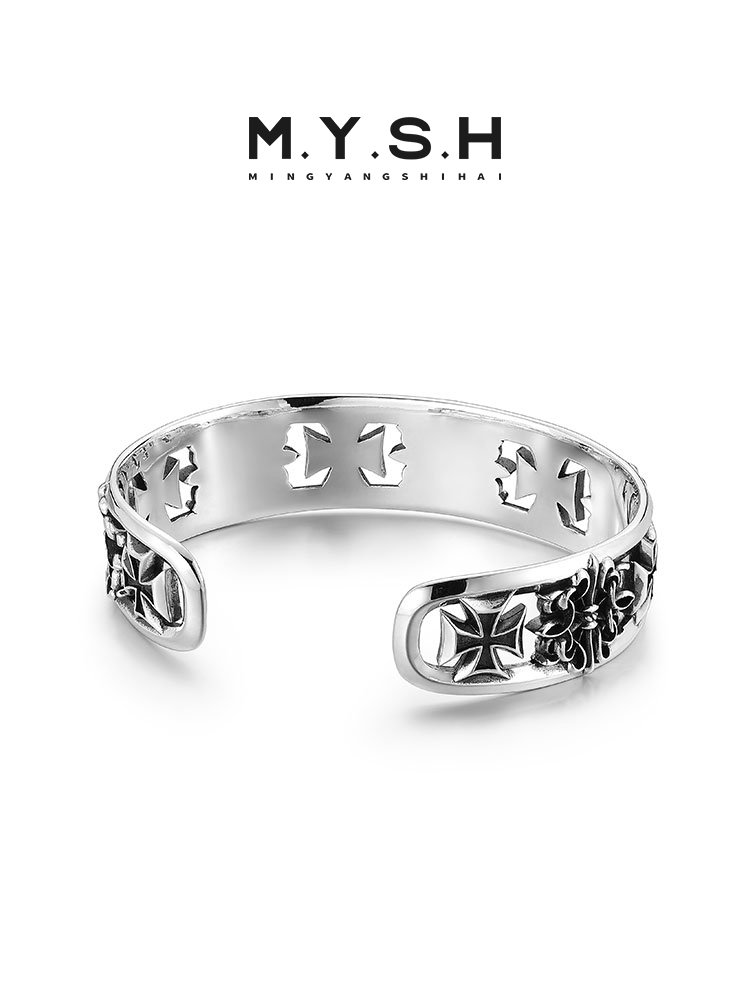 S925 Silver Gothic Cross Cuff Bracelet for Men