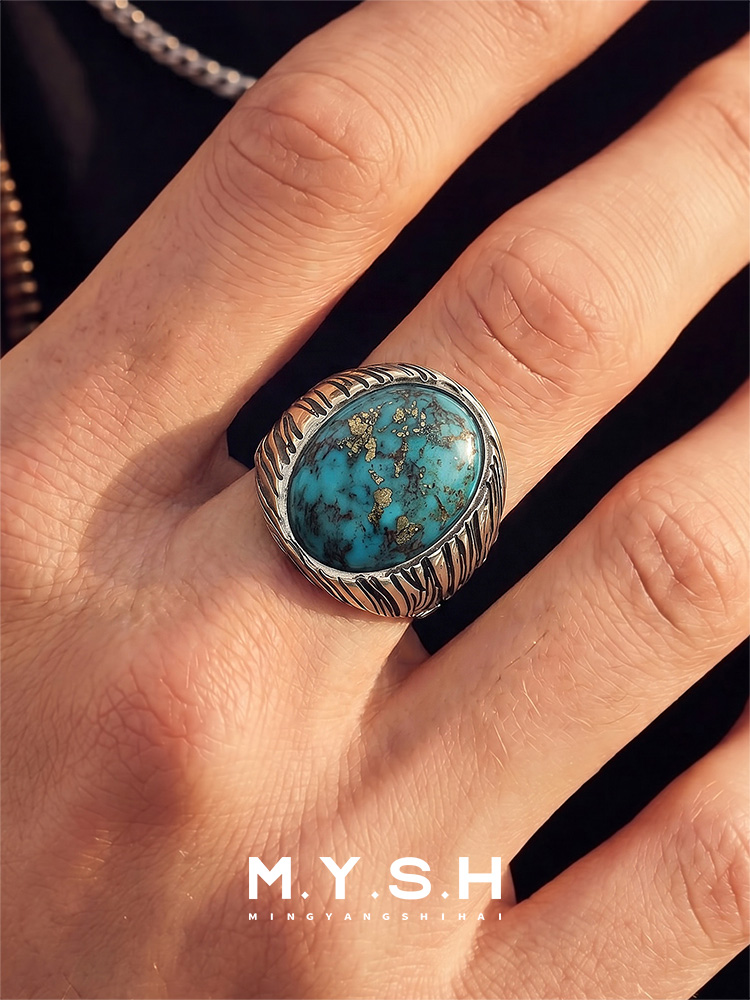 S925 Silver Natural Turquoise Statement Ring for Men