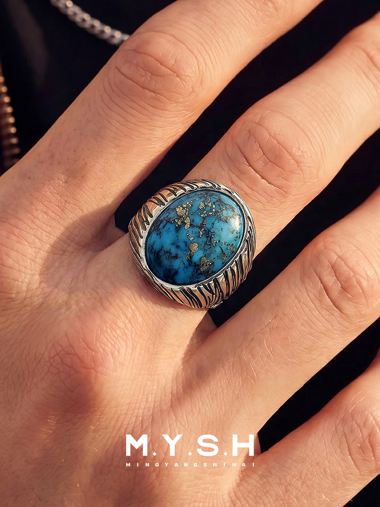 S925 Silver Natural Turquoise Statement Ring for Men