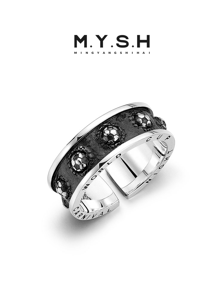 S925 Silver Soccer Ball Black Inlay Ring