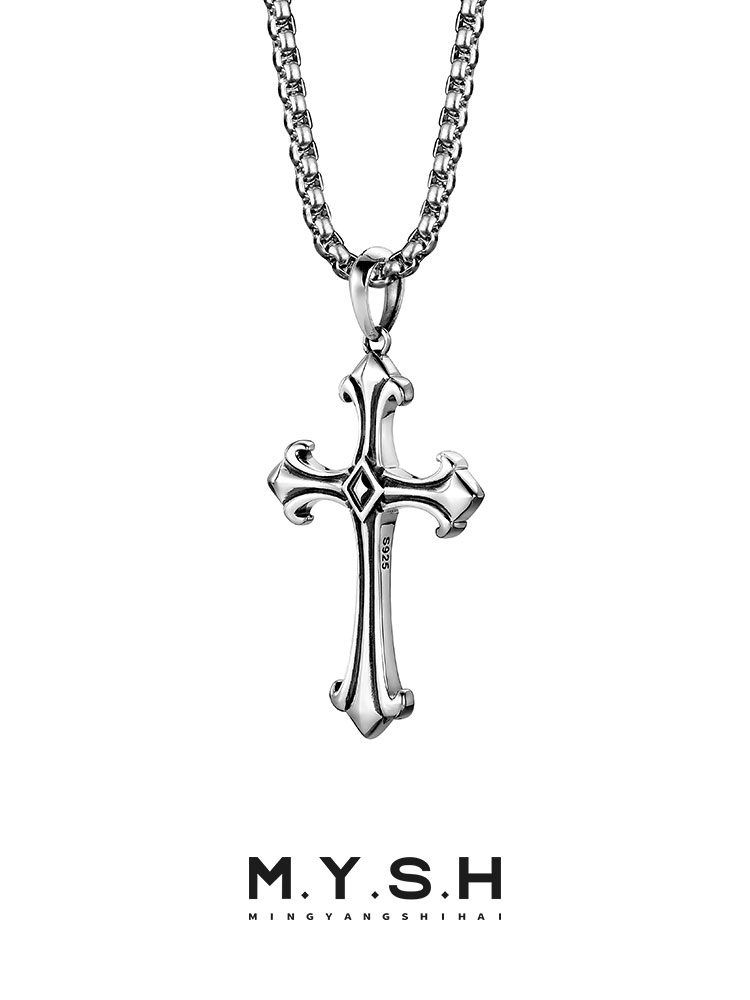 S925 Silver Oxidized Fleur-de-Lis Cross Pendant Necklace