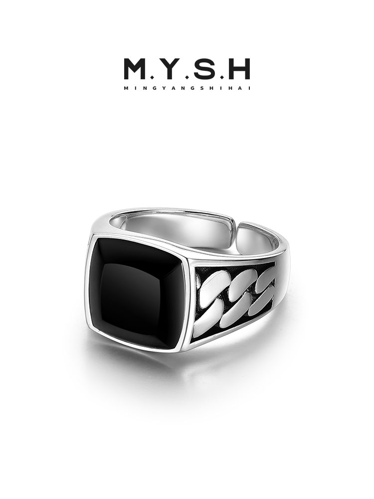 Sterling Silver Black Onyx Cuban-Style Wide Ring