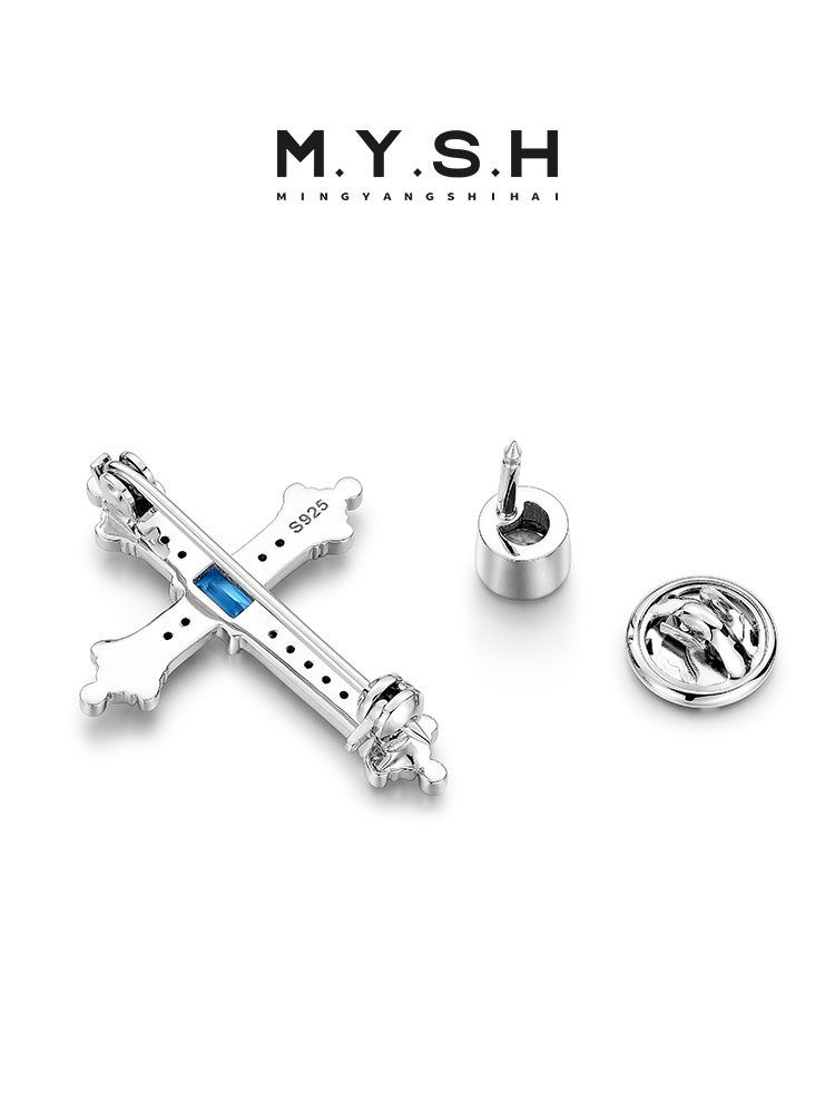 S925 Silver Blue Topaz Cross Chain Lapel Pin