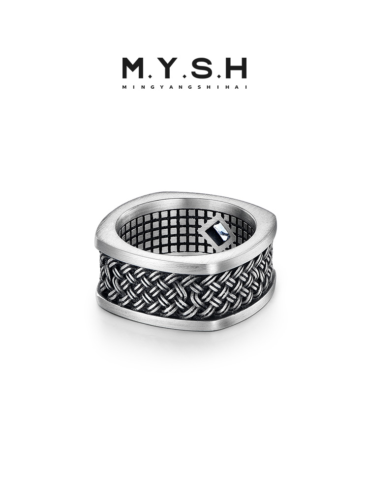 S925 Silver Braided Blue Diamond Square Ring-MYSH