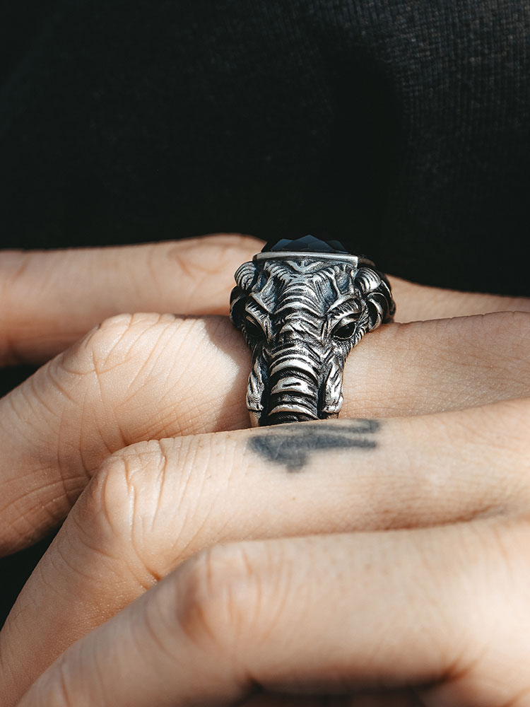 S925 Silver Black Onyx Elephant King Ring-MYSH