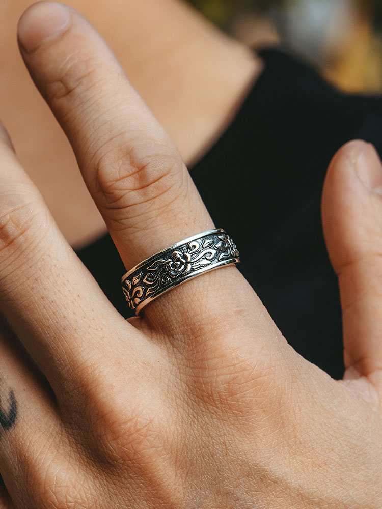 S925 Silver Vintage Rose Open Band Ring