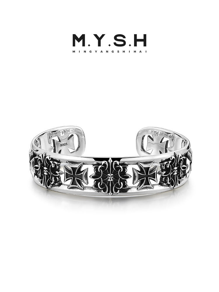 S925 Silver Gothic Cross Cuff Bracelet for Men